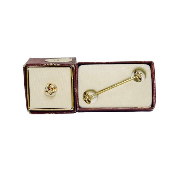 Vintage Gold Tone Knot Tie Tack & Collar Bar Set In Original Box (6053) - Picture 1 of 4